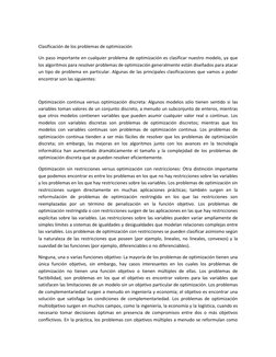 Clasificación de los problemas de optimización 
Un paso importante en cualquier problema de optimización es clasificar nues
