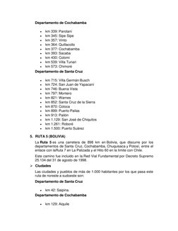 Departamento de Cochabamba 
 
km 339: Parotani 
 
km 345: Sipe Sipe 
 
km 357: Vinto 
 
km 364: Quillacollo 
 
km 377: C
