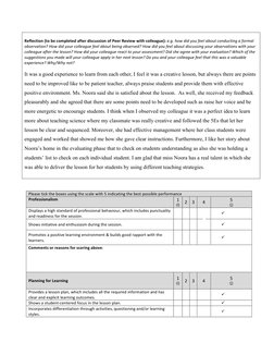 Reflection (to be completed after discussion of Peer Review with colleague): e.g. how did you feel about conducting a forma