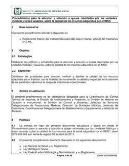 Procedimiento para la atención y solución a quejas reportadas por las unidades 
médicas y áreas usuarias, sobre la cali