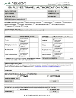 FM_EXP_TravelAuthorizationForm_001 [replaces Form AAF-10] 
 
Agency of Administration 
Department of Finance & Management