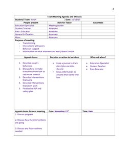 2 
 
 
Team Meeting Agenda and Minutes 
Student/ Team: Jonah  
Date: 10/12/17 
People present 
Role for Today 
Absentees 
Edu