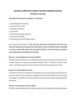 NATIONAL COMPETENCY-BASED TEACHER STANDARDS (NCBTS)
Domains of Learning
The NCBTS Framework is divided in 7 Domains:
1. Socia