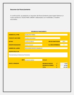 Resumen de Financiamiento  
 
A continuación, se presenta un resumen de financiamiento para lograr fabricar un 
nuevo product