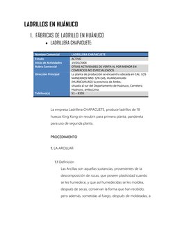 LADRILLOS EN HUÁNUCO 
1. FÁBRICAS DE LADRILLO EN HUÁNUCO 
 LADRILLERA CHAPACUETE: 
 
 
 
 
 
 
 
 
 
La empresa Ladrillera C