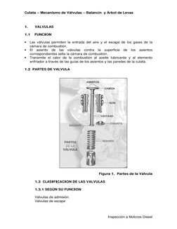 Culata – Mecanismo de Válvulas – Balancín  y Árbol de Levas 
Inspección a Motores Diesel 
1. 
VALVULAS 
 
1.1    FUNCION 
 
•