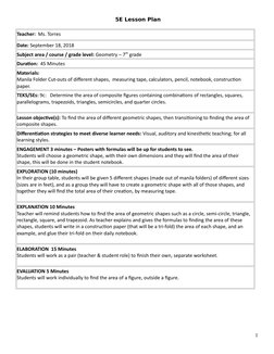 5E Lesson Plan
Teacher:  Ms. Torres
Date: September 18, 2018
Subject area / course / grade level: Geometry – 7th grade
Durat