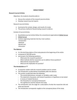 IMRAD FORMAT
Research Journal Articles
Objectives: the students should be able to

Discuss the contents of the research jour