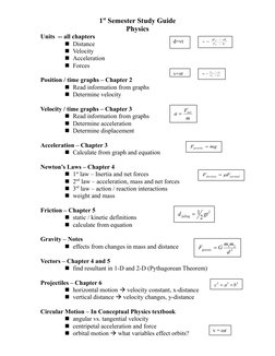 v = ωr
1st Semester Study Guide
Physics
Units  -- all chapters
Distance
Velocity
Acceleration
Forces
Position / time grap