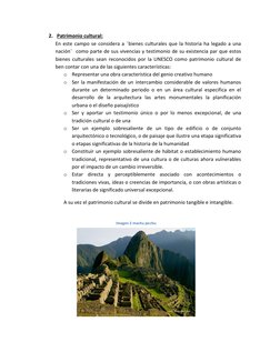 2. Patrimonio cultural:  
En este campo se considera a ¨bienes culturales que la historia ha legado a una 
nación¨  como part