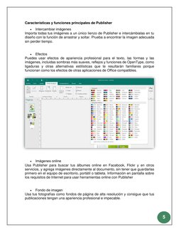 5 
 
Características y funciones principales de Publisher 
 
Intercambiar imágenes 
Importa todas tus imágenes a un únic