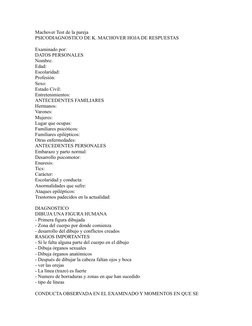 Machover Test de la pareja
PSICODIAGNOSTICO DE K. MACHOVER HOJA DE RESPUESTAS
Examinado por:
DATOS PERSONALES