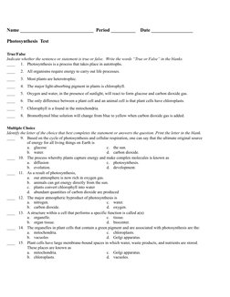 Name ______________________________  Period __________    Date _________________
Photosynthesis  Test
True/False
Indicate whe