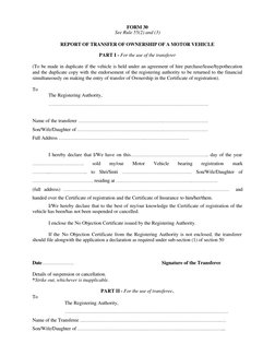 FORM 30 
See Rule 55(2) and (3) 
 
REPORT OF TRANSFER OF OWNERSHIP OF A MOTOR VEHICLE 
 
PART I - For the use of the transfer