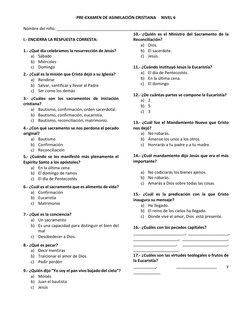 PRE-EXAMEN DE ASIMILACIÓN CRISTIANA     NIVEL 6 
 
Nombre del niño: _________________________________________________________