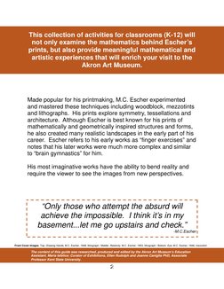 2 
 
Front Cover Images: Top: Drawing Hands, M.C. Escher, 1948, lithograph / Middle: Relativity, M.C. Escher, 1953, lithograp