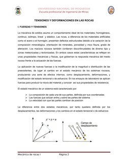 UNIVERSIDAD NACIONAL DE MOQUEGUA
Escuela profesional de Ingeniería de Minas
TENSIONES Y DEFORMACIONES EN LAS ROCAS
I. FUERZAS