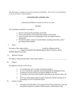(The following is a sample of a church Constitution and Bylaws.  This can be revised and fitted 
to any local church’s need/s
