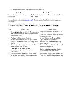 8. Berikut rumus passive voice dalam present perfect tense: 
Active Voice 
Passive Voice 
S + have/has + present participle +