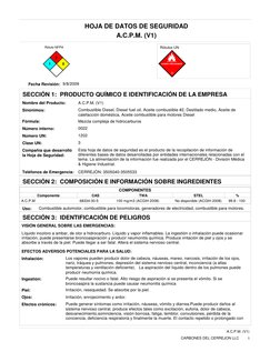 HOJA DE DATOS DE SEGURIDAD
A.C.P.M. (V1)
1
2
0
Rótulo NFPA
Rótulos UN
9/8/2009
Fecha Revisión:
SECCIÓN 2:  COMPOSICIÓN E INFO
