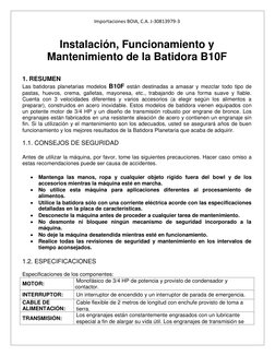 Importaciones BOIA, C.A. J-30813979-3 
 
 
 
 
 Batidora Planetaria BM20 - Manual de Instrucciones 
Instalación, Funcionamien