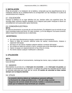 Importaciones BOIA, C.A. J-30813979-3 
 
 
 
 
2. INSTALACIÓN 
Antes de proceder a la instalación de la batidora, compruebe q