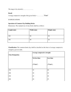 The range to be selected is ………………… 
Result 
Average compressive strength of the given bricks =………….. 
 
IS SPECICATIONS 
Spe
