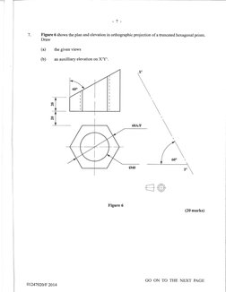 -Y
-7 -
Figure 6 shows the plan and elevation in orthographic projection of a truncated hexagonal prism.
Draw
(Ð 
the given v