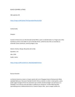 BLEACH (ESPAÑOL LATINO) 
 
366 capítulos HD 
 
https://mega.nz/#F!QUAkzT7R!CFgnvAy0ivF9Imj3osI3GA  (https://mega.nz/#F!QUAkzT