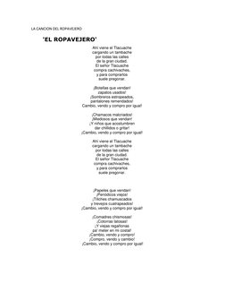 LA CANCION DEL ROPAVEJERO 
'EL ROPAVEJERO' 
 
 
Ahí viene el Tlacuache  
cargando un tambache  
por todas las calles  
de la