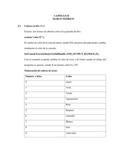 CAPÍTULO II 
MARCO TEÓRICO 
2.1 
Colores en Dev C++ 
Existen  dos formas de obtener color en la pantalla de Dev: 
system("col