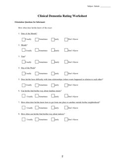 Subject  Initials    
 
2 
 
 
R 
Rarely 
Rarely 
R 
R 
R 
R 
R 
 
 
Clinical Dementia Rating Worksheet 
 
Orientation Questi