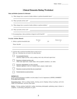 Subject  Initials    
 
5 
 
 
 
 
 
Clinical Dementia Rating Worksheet 
Home and Hobbies Questions for Informant: 
 
1a.  Wh