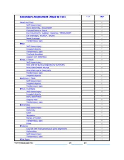 Secondary Assessment (Head to Toe) 
  
YES 
NO 
Head and Face 
  
  
          Soft tissue injury 
  
  
          Bone def
