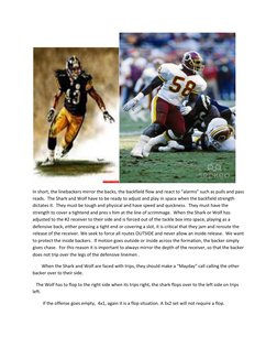 In short, the linebackers mirror the backs, the backfield flow and react to “alarms” such as pulls and pass 
reads.  The Sh