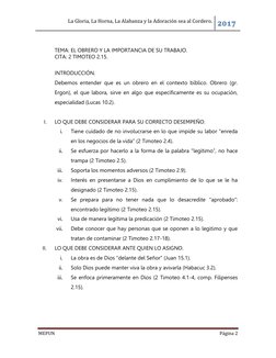 La Gloria, La Horna, La Alabanza y la Adoración sea al Cordero. 2017 
 
MEPUN  
Página 2 
 
 
TEMA: EL OBRERO Y LA IMPORTANCI