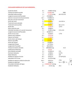 FLOCULADOR HIDRÁULICO DE FLUJO HORIZONTAL.
Caudal de diseño
Q =
0.0400 m3/seg
Tiempo de retardo asumido
t =
30.0000 min
1800