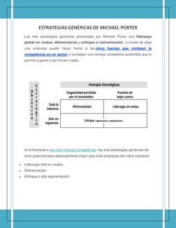 ESTRATEGIAS GENÉRICAS DE MICHAEL PORTER 
Las tres estrategias genéricas planteadas por Michael Porter son: liderazgo 
globa