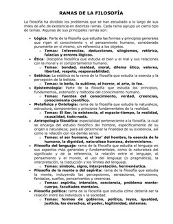 RAMAS DE LA FILOSOFÍA 
 
La filosofía ha dividido los problemas que se han estudiado a lo largo de sus 
miles de año de exist