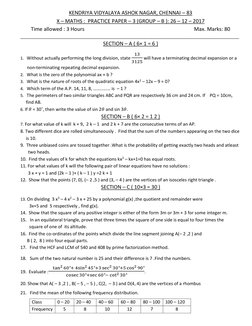 KENDRIYA VIDYALAYA ASHOK NAGAR, CHENNAI – 83 
X – MATHS :  PRACTICE PAPER – 3 (GROUP – B ): 26 – 12 – 2017  
Time allowed : 3