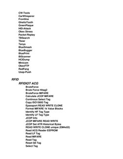 CW-Tools
CarWhisperer
Frontline
GhettoTooth
GreenPlaque
HID-Attack
Obex Stress
Packet Replay
TBSearch
Tbear
Tanya
BlueSmash
B