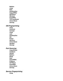 Netifera
nmap
Nsat
OneSixtyOne
OutputPBNJ
SSTPScan
SSLScan
ScanPBNJ
TCPTraceRoute
UnicornScan
Zenmap
OS-Fingerprinting
5nmp
A