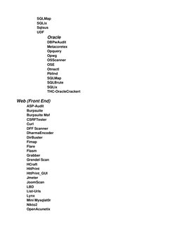 SQLMap
SQLix
Sqlsus
UDF
Oracle
DBPwAudit
Metacoretex
Opquery
Opwg
OSScanner
OSE
Otnsctl
Pblind
SQLMap
SQLBrute
SQLix
THC-Orac