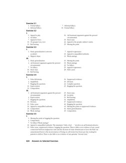 624
Answers to Selected Exercises
Exercise 3.1
1. Formal fallacy.
7. Informal fallacy.
4. Informal fallacy.
10. Formal fallac
