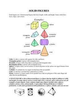 SOLID FIGURES 
Solid figures are 3-dimensional figures that have length, width, and height. Some solids have 
faces, edges, a