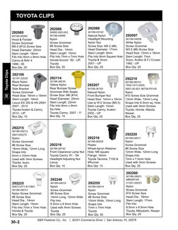30    Toyota Clips
S&R Fastener Co., Inc.   |  30241 Commerce Drive  |  San Antonio, FL 33576
30-2
TOYOTA CLIPS
292225
906