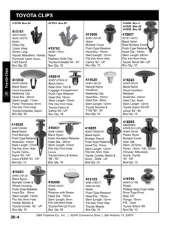 30    Toyota Clips
S&R Fastener Co., Inc.   |  30241 Commerce Drive  |  San Antonio, FL 33576
30-4
TOYOTA CLIPS
416031
904
