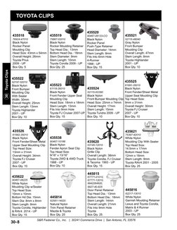 30    Toyota Clips
S&R Fastener Co., Inc.   |  30241 Commerce Drive  |  San Antonio, FL 33576
30-8
TOYOTA CLIPS
445815
677