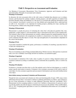 Unit 1: Perspectives on Assessment and Evaluation 
1(a) Meaning of Assessment, Measurement, Tests, Examination, Appraisal, an