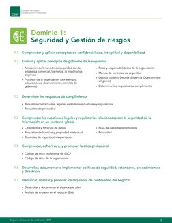 5
Esquema del examen de certificación CISSP
Dominio 1:
Seguridad y Gestión de riesgos
1.1	 Comprender y aplicar conceptos de
